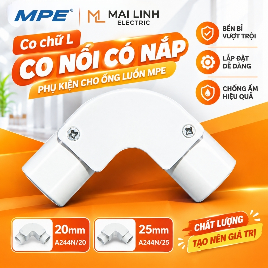 Co chữ L - Co nối 25mm có nắp - Phụ kiện cho ống luồn mã A244N/25 MPE - Thiết bị điện Mai Linh Electric
