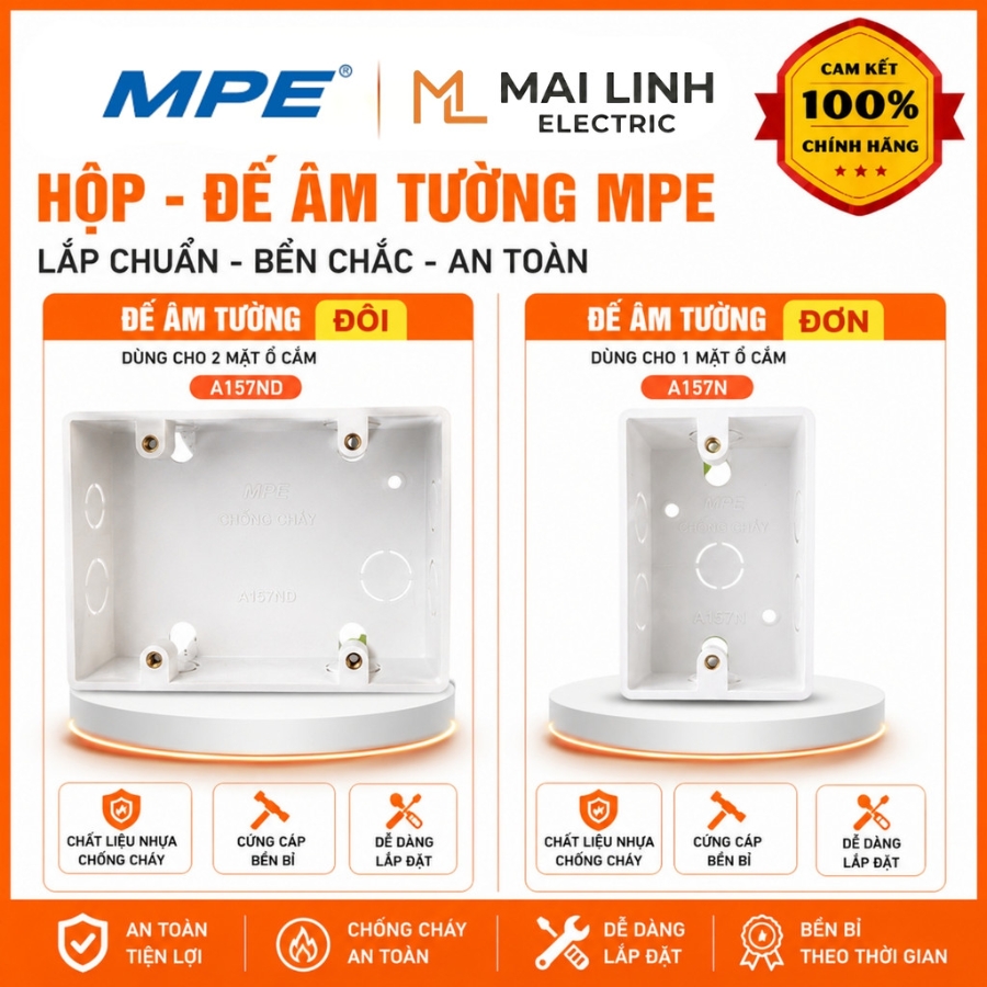 Hộp nhựa âm tường dùng cho 2 mặt đơn - Đế âm đôi A157ND MPE - Thiết bị điện Mai Linh Electric