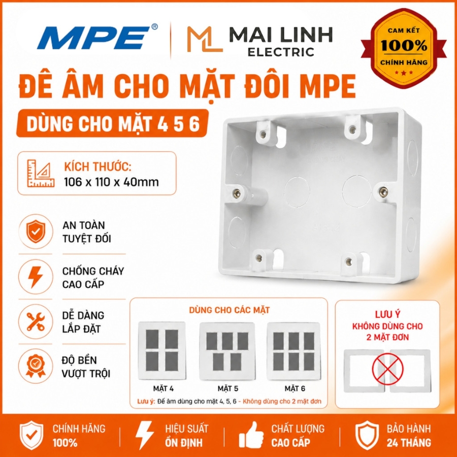 Hộp nhựa âm tường dùng cho mặt đôi - Đế âm dùng cho mặt 4 5 6 mã A157N2 MPE - Thiết bị điện Mai Linh Electric