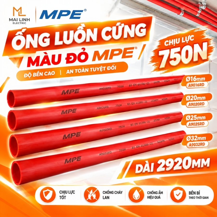 Ống luồn dây điện - Ống luồn cứng màu đỏ 750N Phi 16mm Dài 2920mm Mã A9016RD MPE - Thiết bị điện Mai Linh Electric
