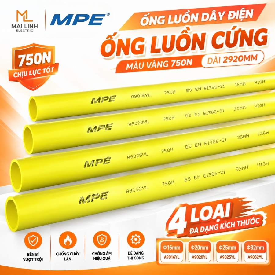 Ống luồn dây điện - Ống luồn cứng màu vàng 750N Phi 32mm dài 2920mm mã A9032YL MPE - Thiết bị điện Mai Linh Electric